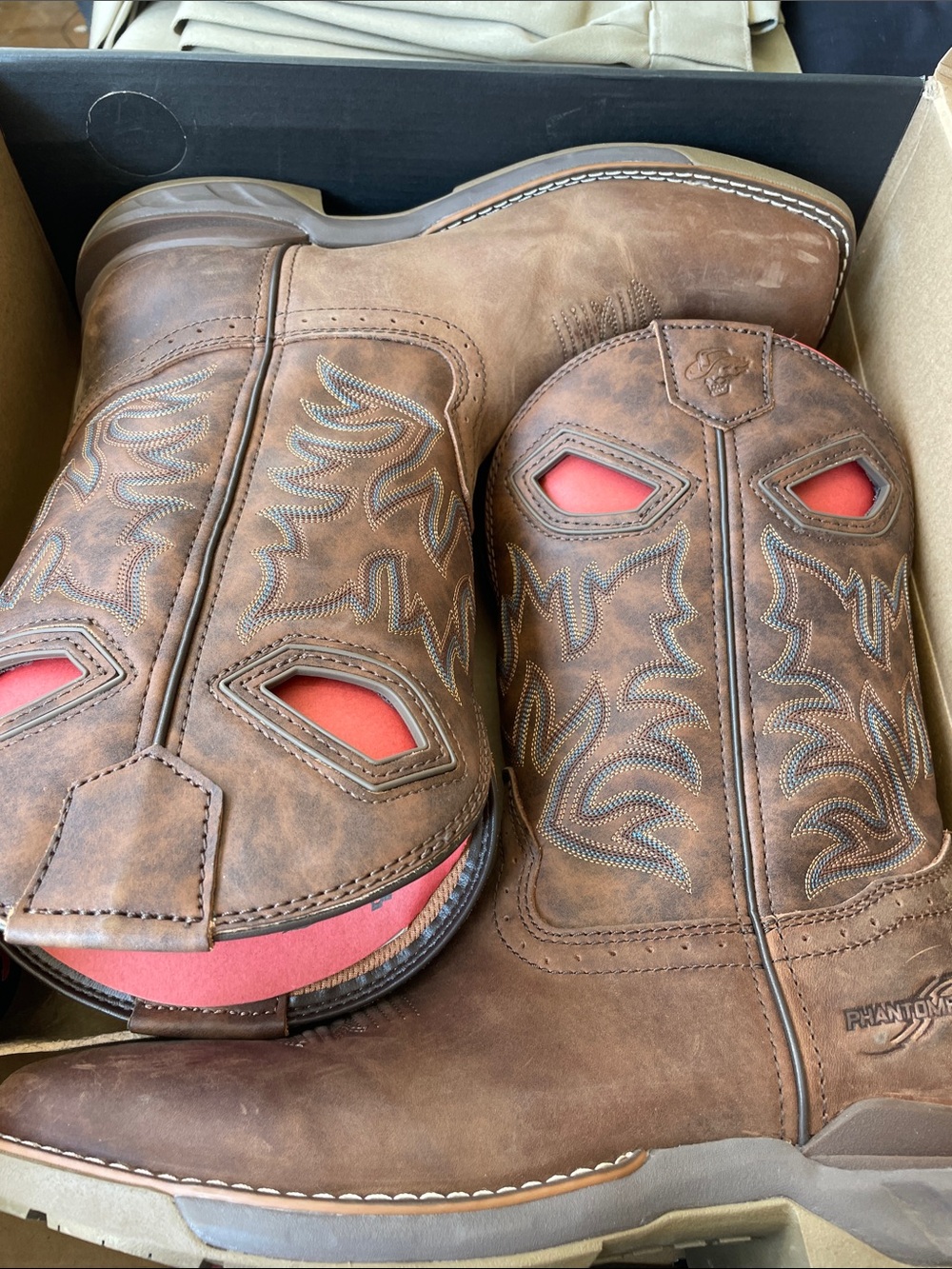 Double H Brown Leather Cowboy Boots with Red Insets